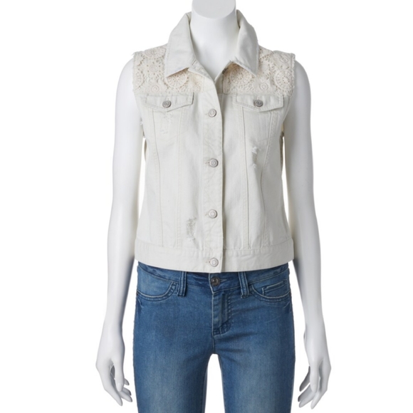 Mudd® Crochet Yoke Ripped Denim Vest - Picture 10 of 10